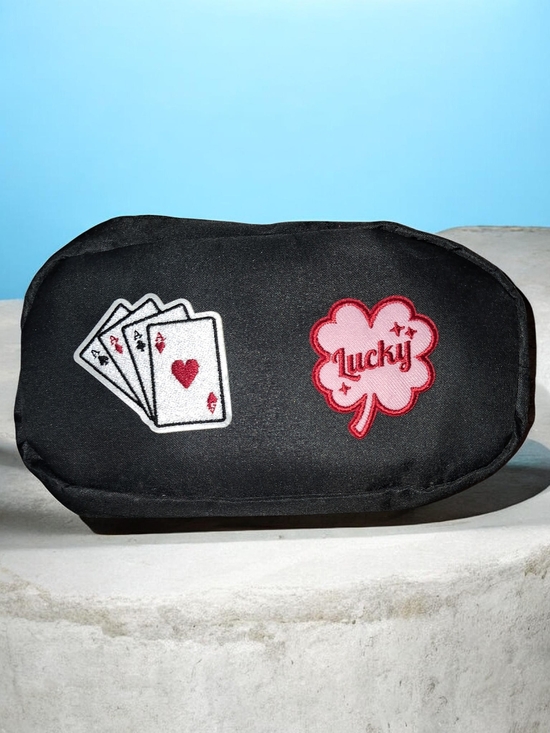 Handbags - Black Patch Detail Makeup Pouch with Playing Cards & "Lucky" Clover
